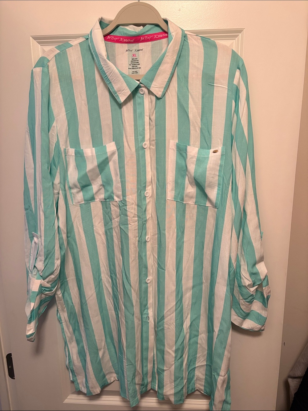 Betsey Johnson Aqua and White Vertical Stripe Swim Coverup